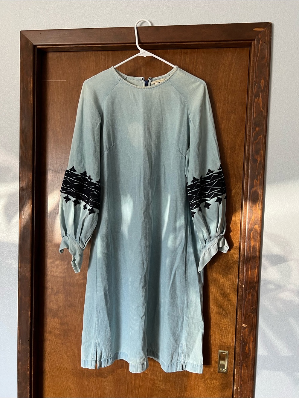 Chambray Long Sleeve Embroidered Sleeve Dress